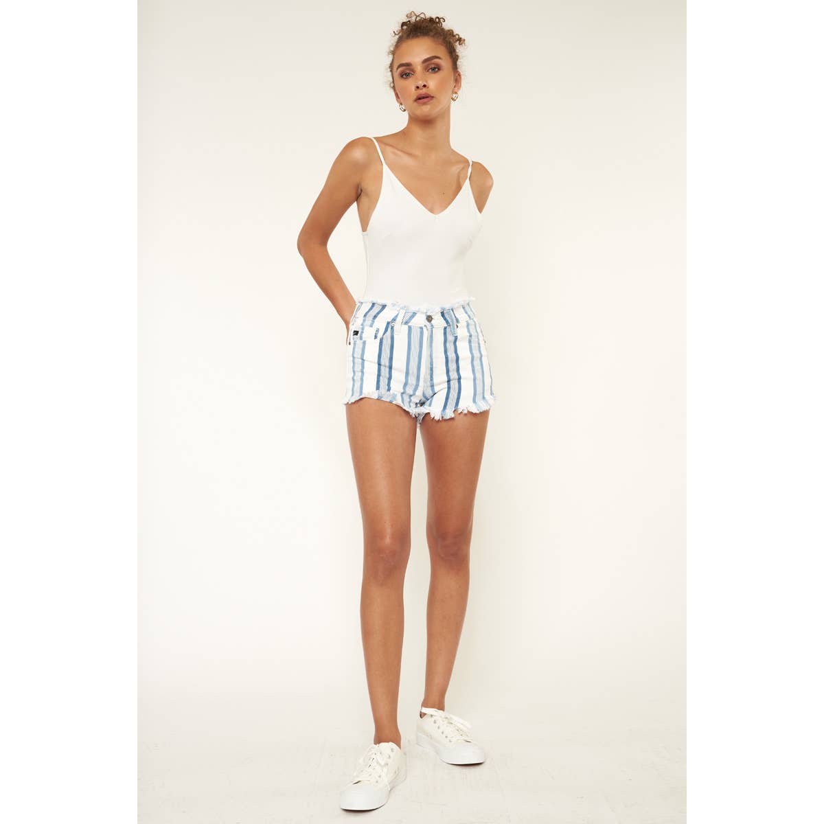 KanCan High Rise Striped Denim Shorts