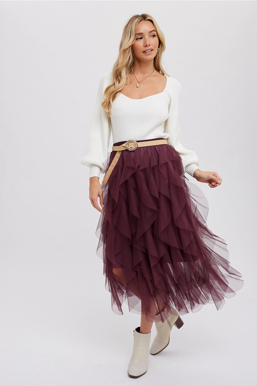 Spiral Ruffled Tulle Midi Skirt