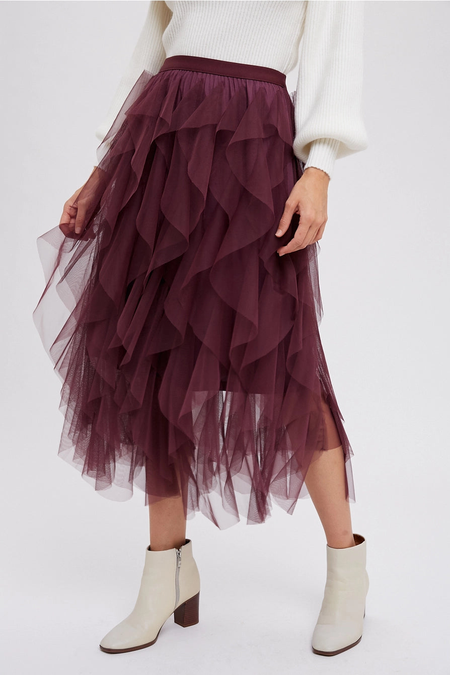 Spiral Ruffled Tulle Midi Skirt