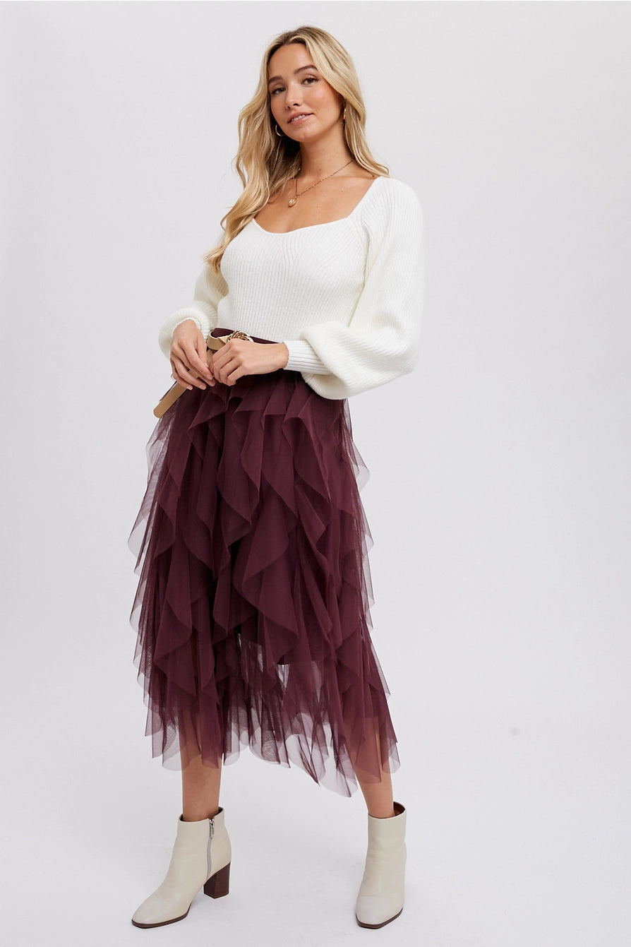 Spiral Ruffled Tulle Midi Skirt