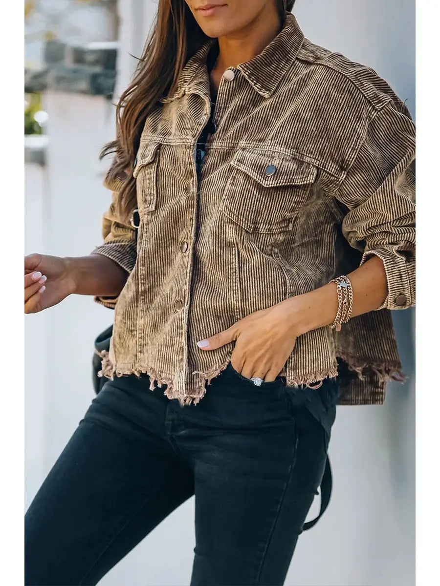 Tan Fringe Corduroy Distressed Western Jacket