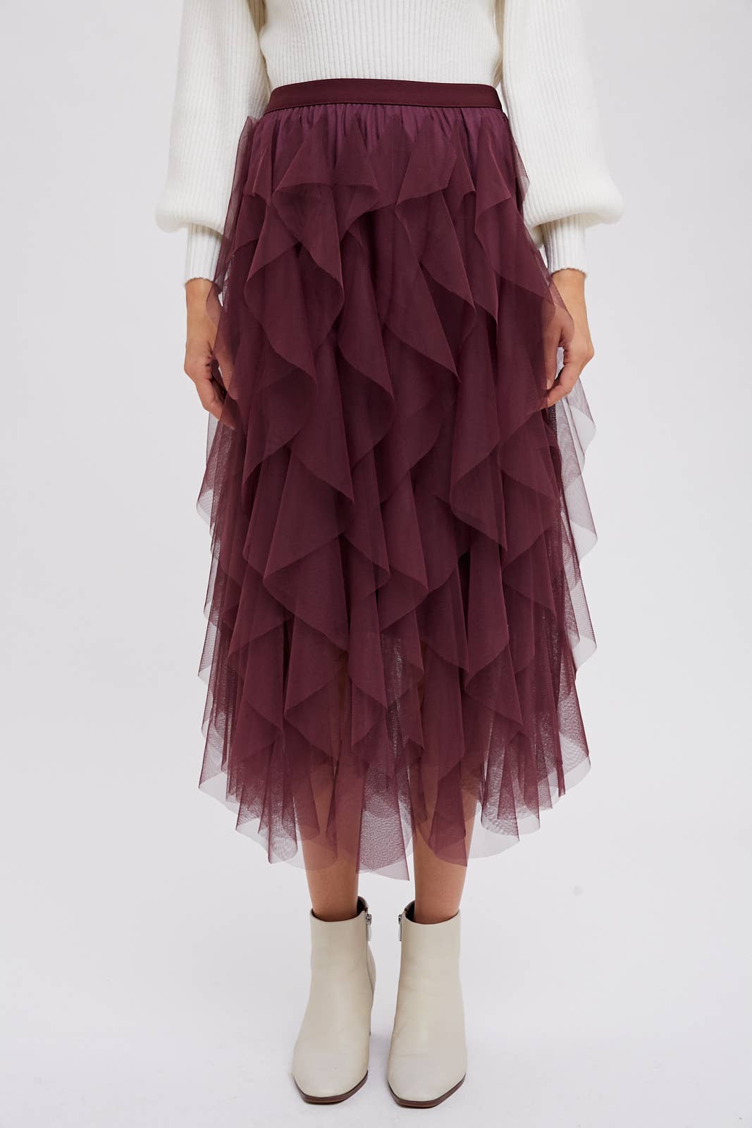 Spiral Ruffled Tulle Midi Skirt