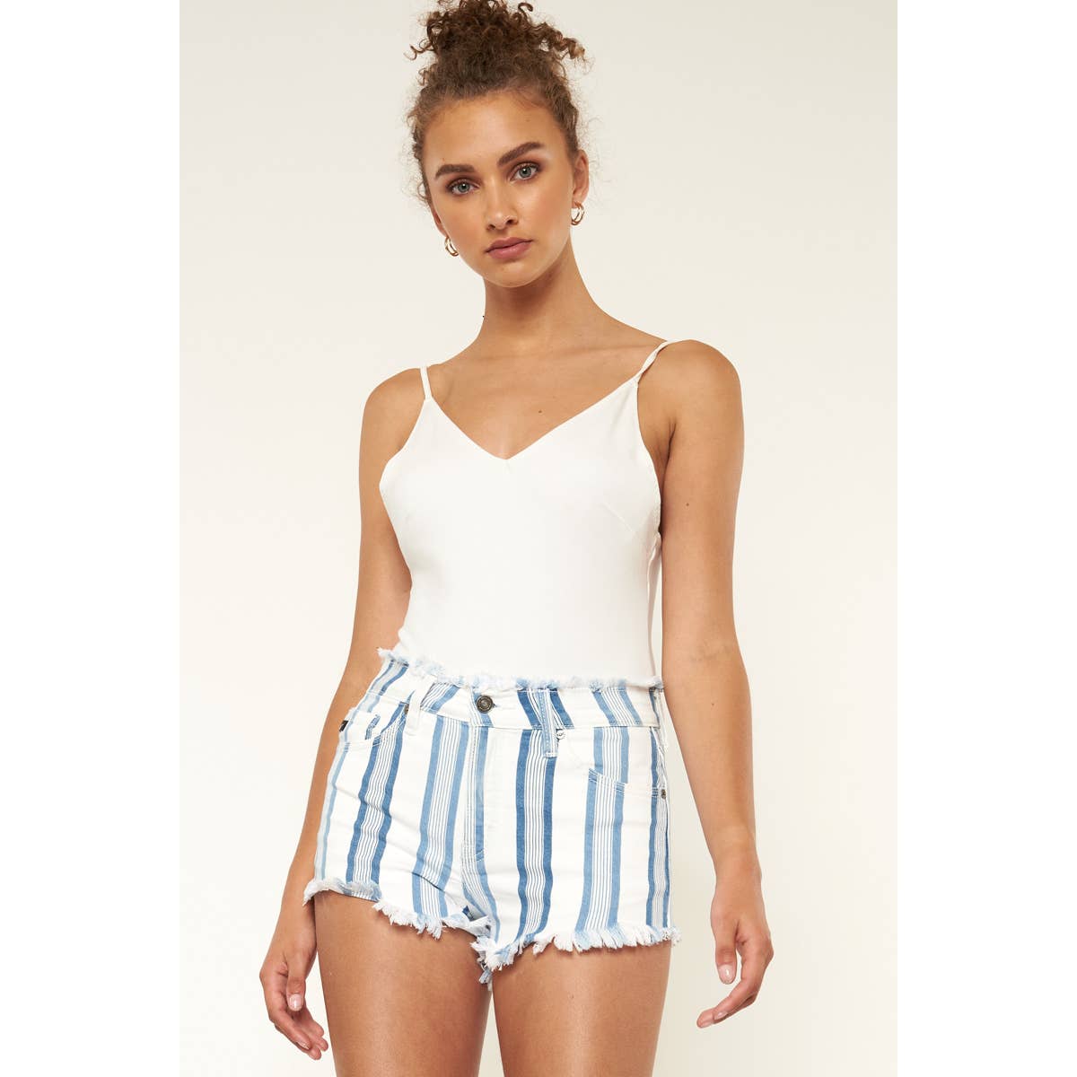 KanCan High Rise Striped Denim Shorts